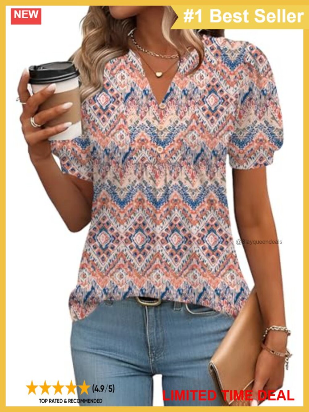 Womens Puff Short Sleeve V-Neck Blouse Pleated Casual Tunic Top